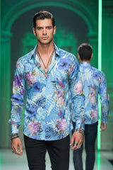 Barabas Wholesale Men's Floral Print Design Luxury Button Down Shirt SP14 Blue