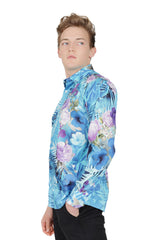 Barabas Wholesale Men's Floral Print Design Luxury Button Down Shirt SP14 Blue