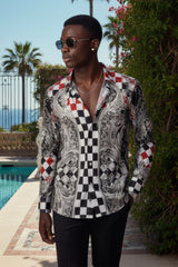 Barabas Wholesale Men's Medusa Checkered Lion Baroque Button Down Shirt SP20 Black Red