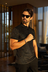 Barabas Men's Textured Shiny Solid Color Polo Shirts SP702 Black Gold