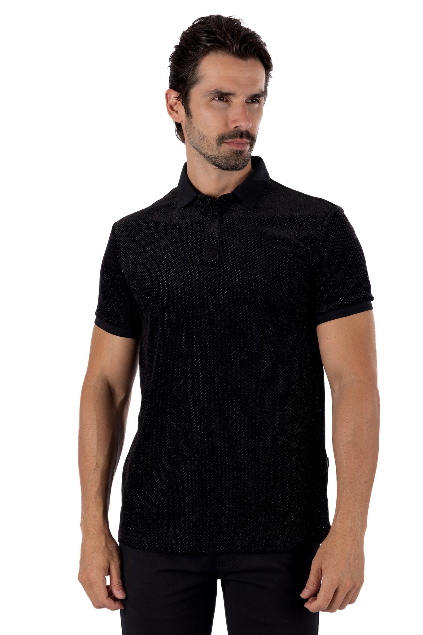 Wholesale Men's Textured Shiny Solid Color Polo Shirts SP702 Black