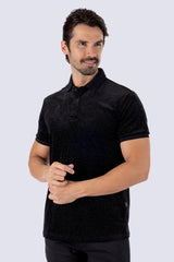 Wholesale Men's Textured Shiny Solid Color Polo Shirts SP702 Black