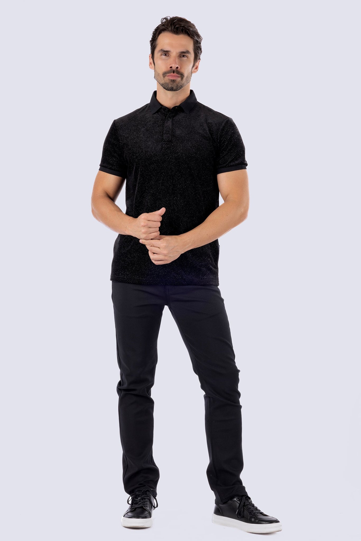 Wholesale Men's Textured Shiny Solid Color Polo Shirts SP702 Black