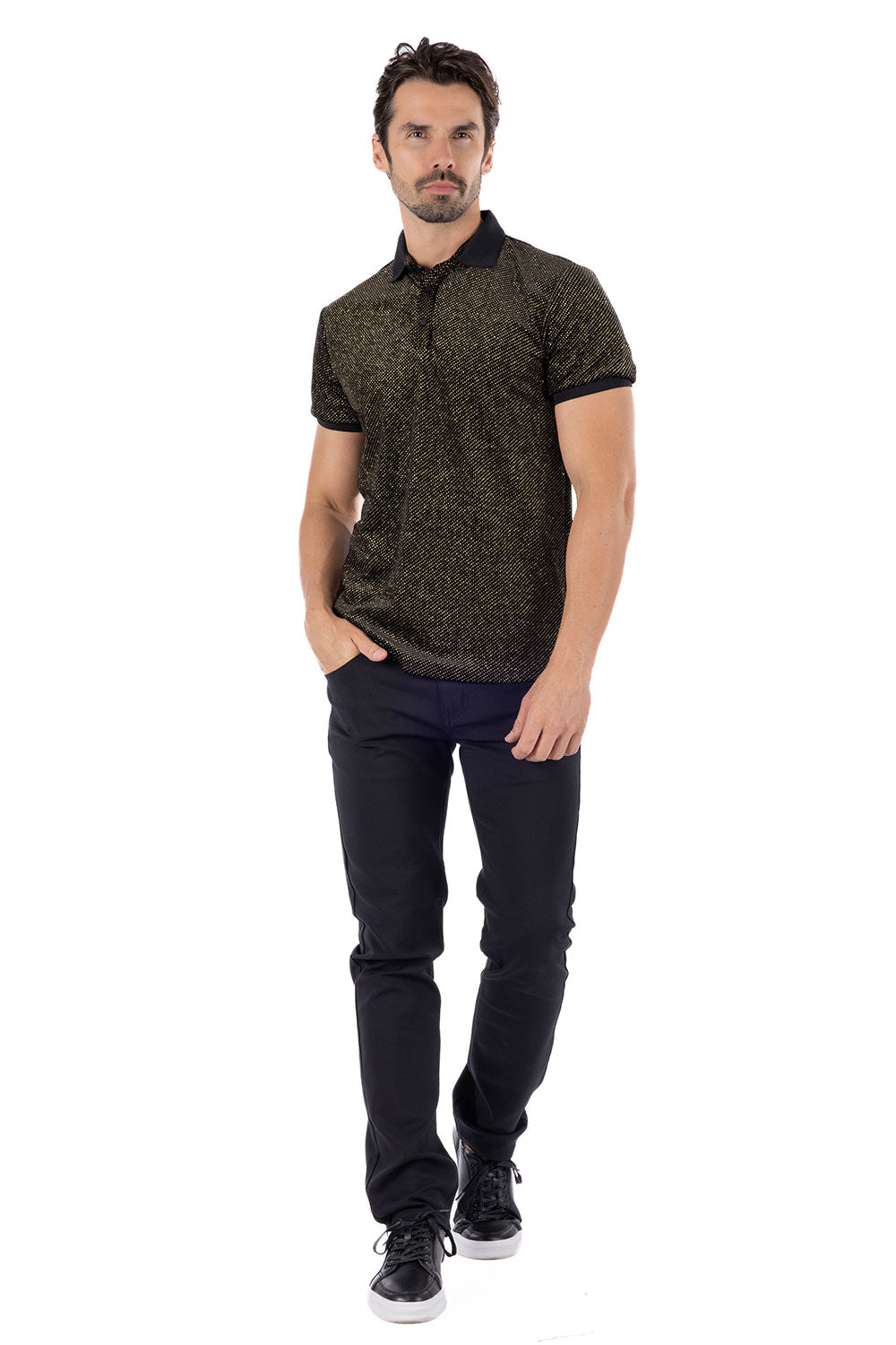 Wholesale Men's Textured Shiny Solid Color Polo Shirts SP702 Black Gold