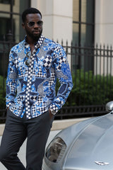 Barabas Wholesale Men's Medusa Floral Checkered Baroque Button Down Shirt SPR02 Blue