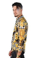 Barabas Wholesale Men's Medusa Floral Checkered Baroque Button Down Shirt SPR02 Black