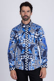 Barabas Wholesale Men's Medusa Floral Checkered Baroque Button Down Shirt SPR02 Blue