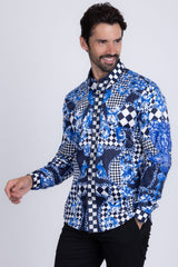 Barabas Wholesale Men's Medusa Floral Checkered Baroque Button Down Shirt SPR02 Blue