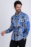 Barabas Wholesale Men's Medusa Floral Checkered Baroque Button Down Shirt SPR02 Blue