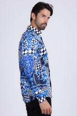 Barabas Wholesale Men's Medusa Floral Checkered Baroque Button Down Shirt SPR02 Blue
