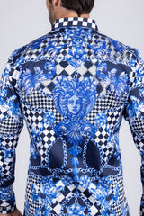 Barabas Wholesale Men's Medusa Floral Checkered Baroque Button Down Shirt SPR02 Blue