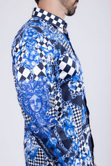 Barabas Wholesale Men's Medusa Floral Checkered Baroque Button Down Shirt SPR02 Blue