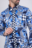 Barabas Wholesale Men's Medusa Floral Checkered Baroque Button Down Shirt SPR02 Blue
