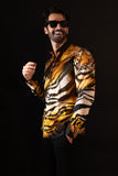 Barabas Wholesale Men's Rhinestone Tiger Scratch Prints Long Sleeve Shirt SPR11 Orange