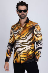 Barabas Wholesale Men's Rhinestone Tiger Scratch Prints Long Sleeve Shirt SPR11 Orange
