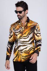 Barabas Wholesale Men's Rhinestone Tiger Scratch Prints Long Sleeve Shirt SPR11 Orange