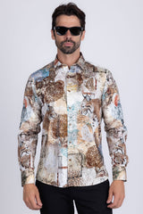 Barabas Wholesale Men's Rhinestone Cockatoo Lynx Prints Long Sleeve Shirt SPR16 Brown