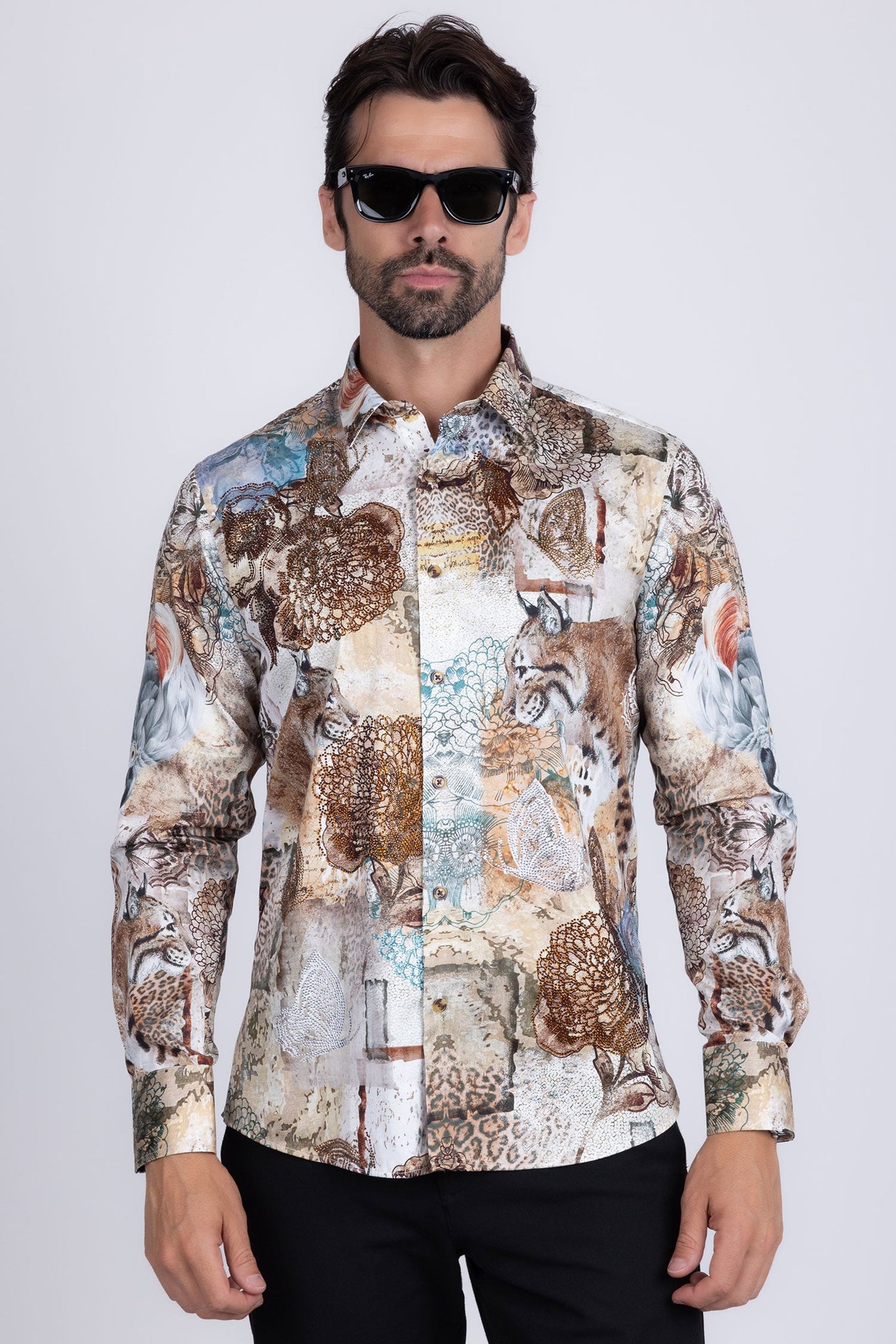 Barabas Wholesale Men's Rhinestone Cockatoo Lynx Prints Long Sleeve Shirt SPR16 Brown