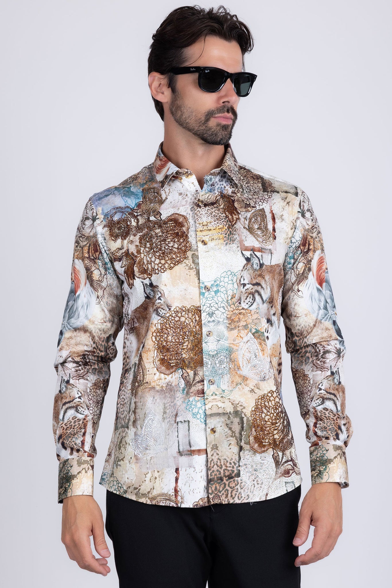 Barabas Wholesale Men's Rhinestone Cockatoo Lynx Prints Long Sleeve Shirt SPR16 Stone