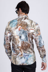 Barabas Wholesale Men's Rhinestone Cockatoo Lynx Prints Long Sleeve Shirt SPR16 Stone