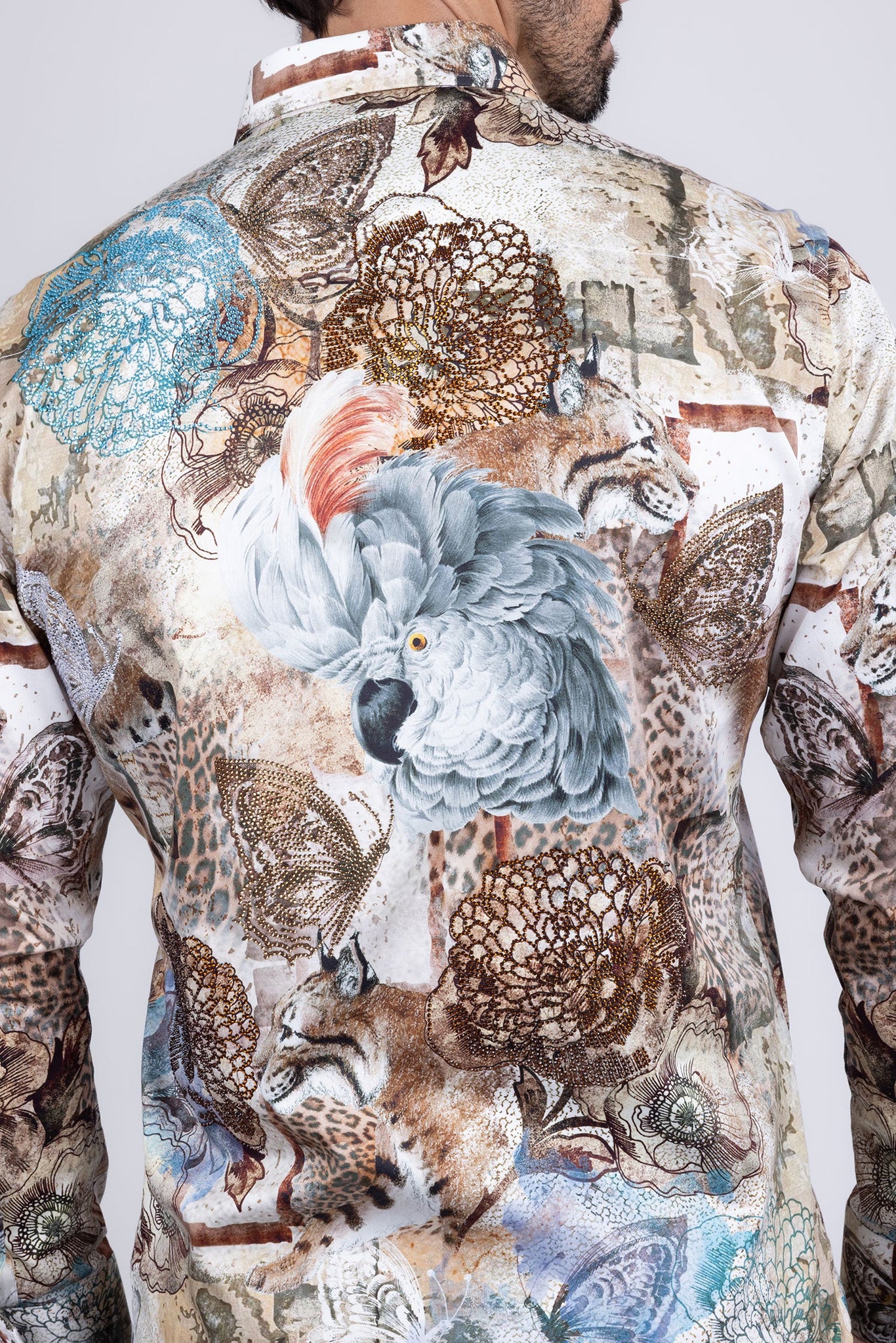 Barabas Wholesale Men's Rhinestone Cockatoo Lynx Prints Long Sleeve Shirt SPR16 Brown