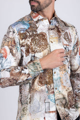 Barabas Wholesale Men's Rhinestone Cockatoo Lynx Prints Long Sleeve Shirt SPR16 Brown