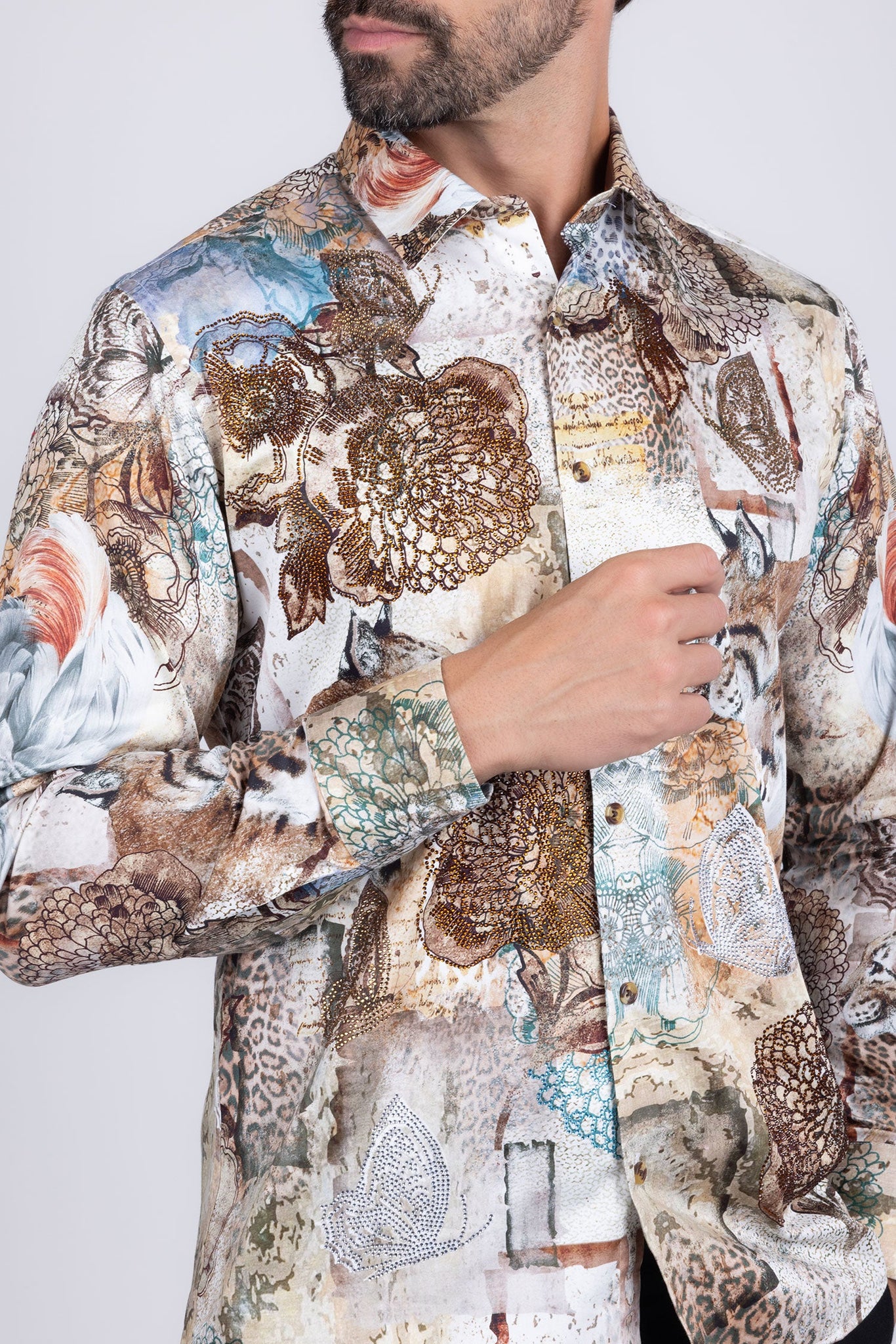 Barabas Wholesale Men's Rhinestone Cockatoo Lynx Prints Long Sleeve Shirt SPR16 Brown