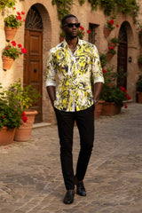Barabas Wholesale Men's Lion Printed Rhinestone Luxury Button Down Shirt SPR18 white yellow