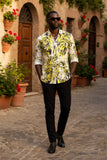 Barabas Wholesale Men's Lion Printed Rhinestone Luxury Button Down Shirt SPR18 white yellow