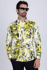 Barabas Wholesale Men's Lion Printed Rhinestone Luxury Button Down Shirt SPR18 white yellow
