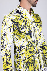 Barabas Wholesale Men's Lion Printed Rhinestone Luxury Button Down Shirt SPR18 white yellow