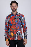 Barabas Wholesale Men's Rhinestone Zebra Roses Prints Long Sleeve Shirt SPR217 Red