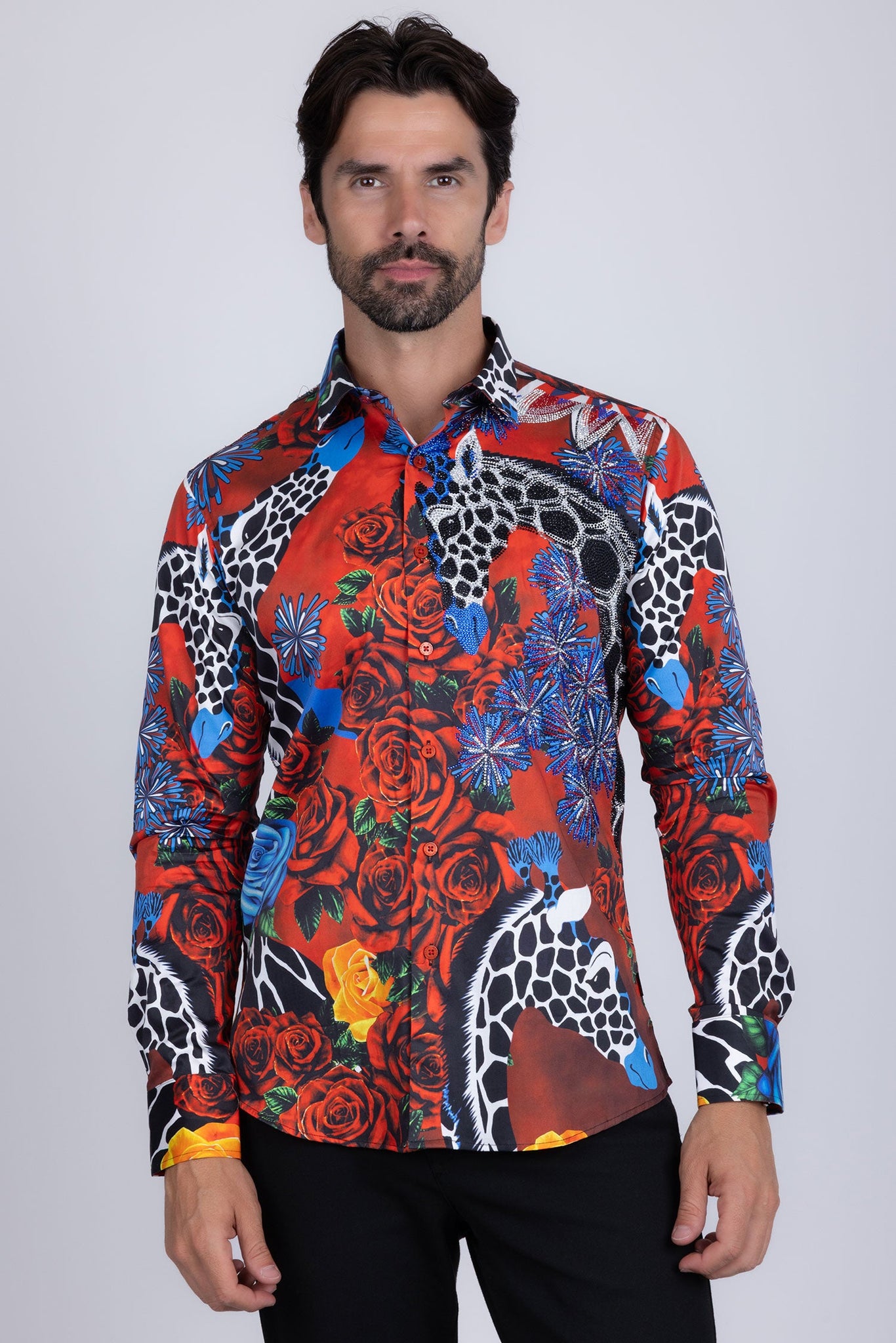 Barabas Wholesale Men's Rhinestone Zebra Roses Prints Long Sleeve Shirt SPR217 Red
