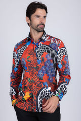Barabas Wholesale Men's Rhinestone Zebra Roses Prints Long Sleeve Shirt SPR217 Red