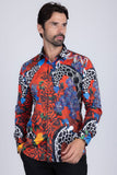 Barabas Wholesale Men's Rhinestone Zebra Roses Prints Long Sleeve Shirt SPR217 Red