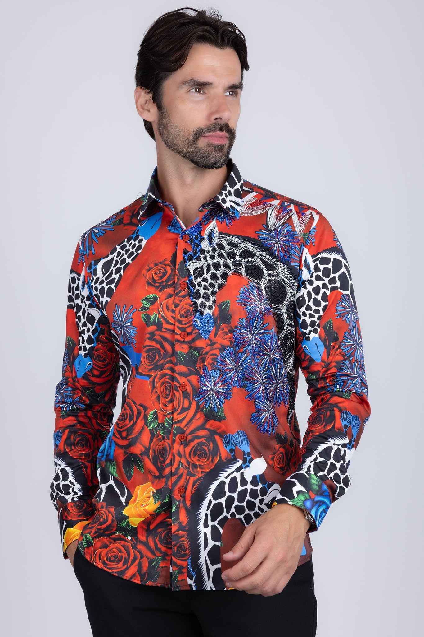 Barabas Wholesale Men's Rhinestone Zebra Roses Prints Long Sleeve Shirt SPR217 Red