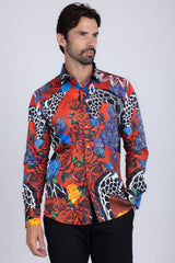 Barabas Wholesale Men's Rhinestone Zebra Roses Prints Long Sleeve Shirt SPR217 Red