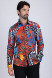Barabas Wholesale Men's Rhinestone Zebra Roses Prints Long Sleeve Shirt SPR217 Red