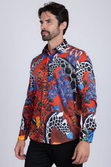 Barabas Wholesale Men's Rhinestone Zebra Roses Prints Long Sleeve Shirt SPR217 Multi Colored