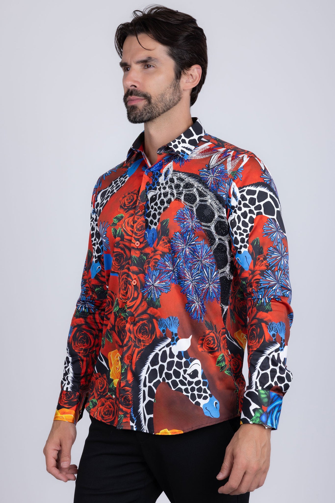 Barabas Wholesale Men's Rhinestone Zebra Roses Prints Long Sleeve Shirt SPR217 Multi Colored