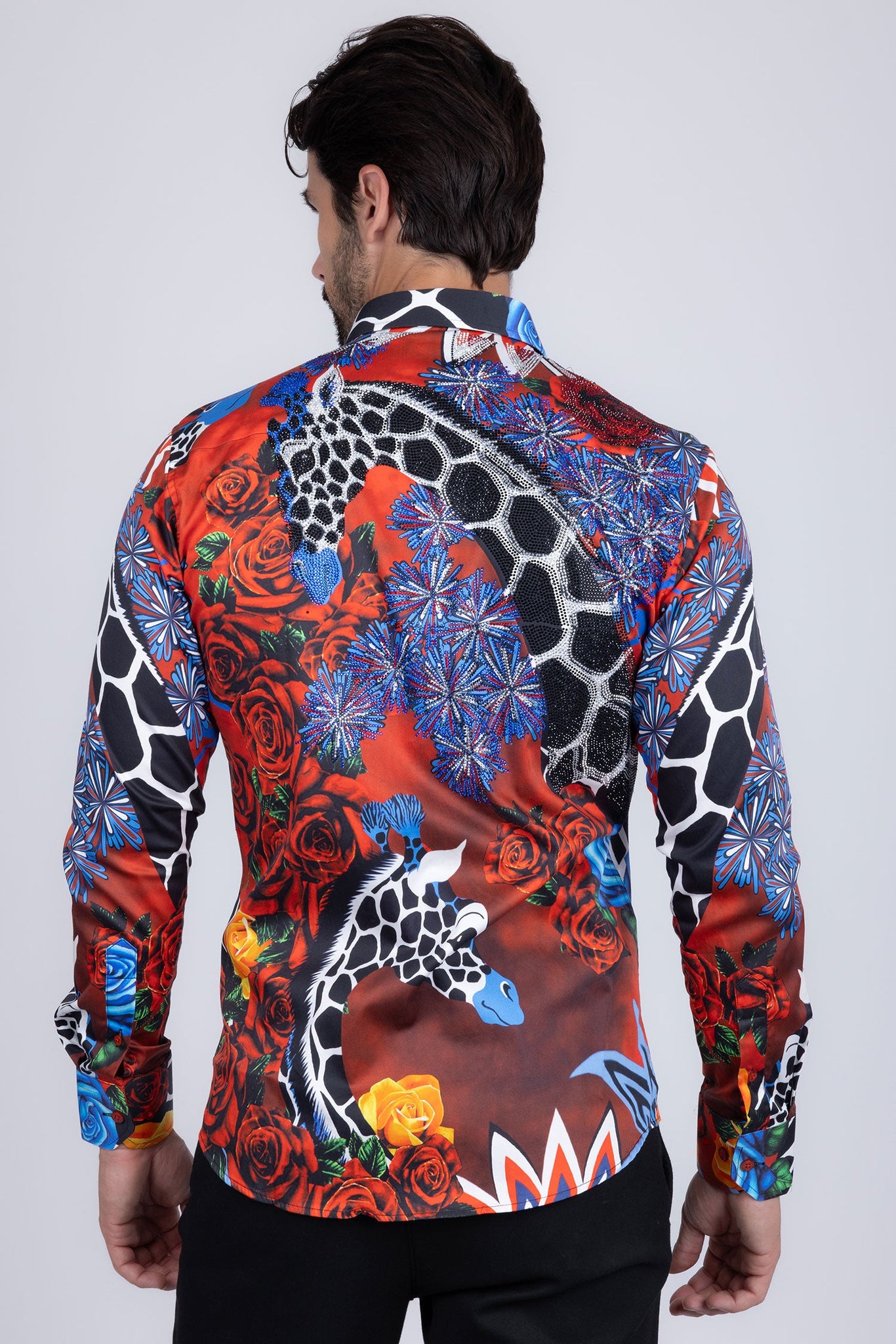 Barabas Wholesale Men's Rhinestone Zebra Roses Prints Long Sleeve Shirt SPR217 Multi Colored