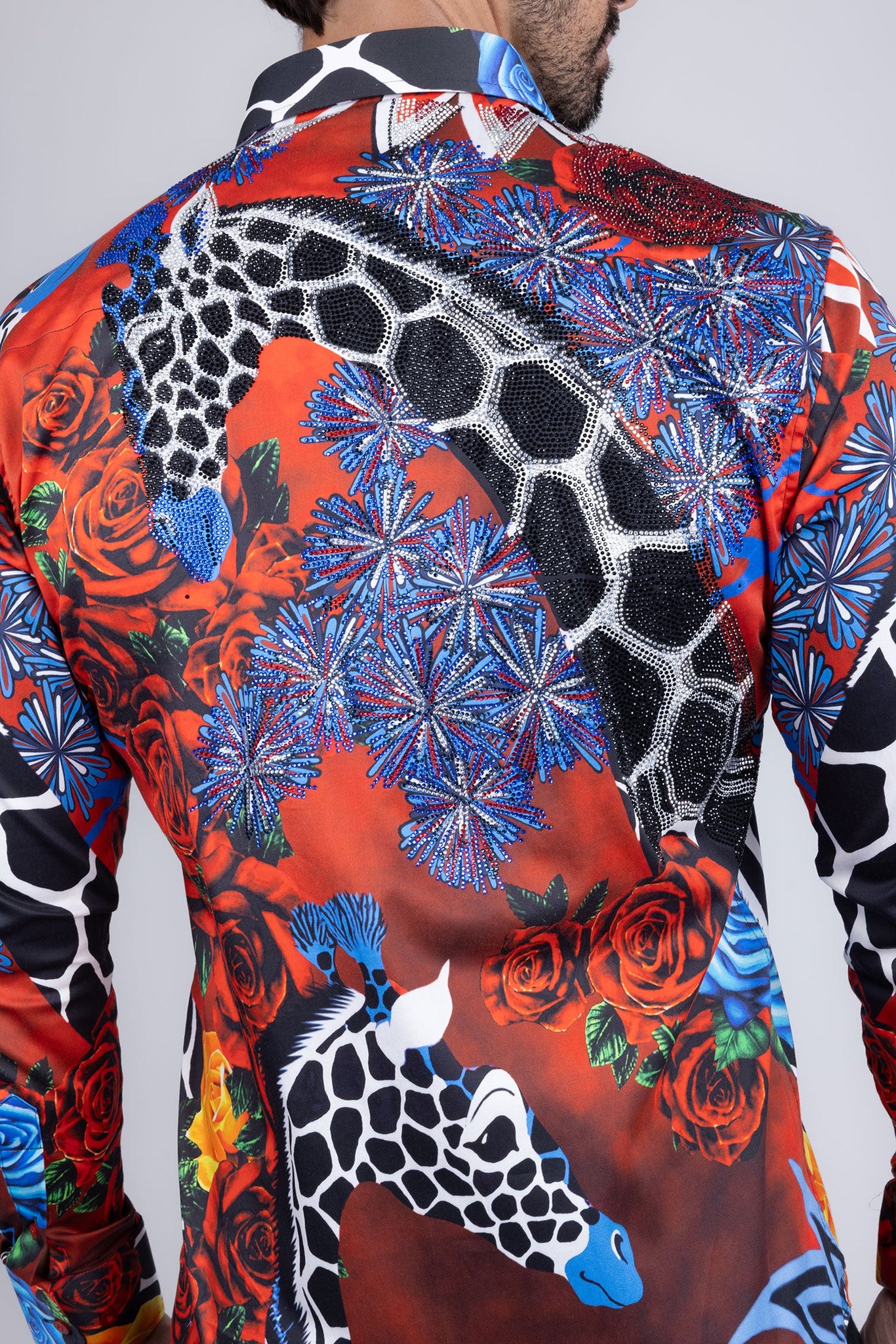 Barabas Wholesale Men's Rhinestone Zebra Roses Prints Long Sleeve Shirt SPR217 Red