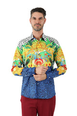 Barabas Wholesale Men's Rhinestone Medusa Cheetah Long Sleeve Shirt SPR230 Blue