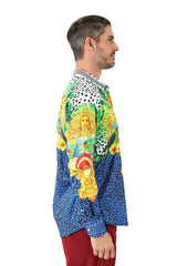 Barabas Wholesale Men's Rhinestone Medusa Cheetah Long Sleeve Shirt SPR230 Blue