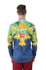 Barabas Wholesale Men's Rhinestone Medusa Cheetah Long Sleeve Shirt SPR230 Blue