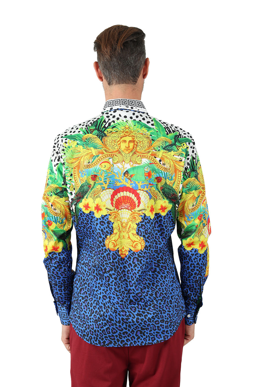 Barabas Wholesale Men's Rhinestone Medusa Cheetah Long Sleeve Shirt SPR230 Blue