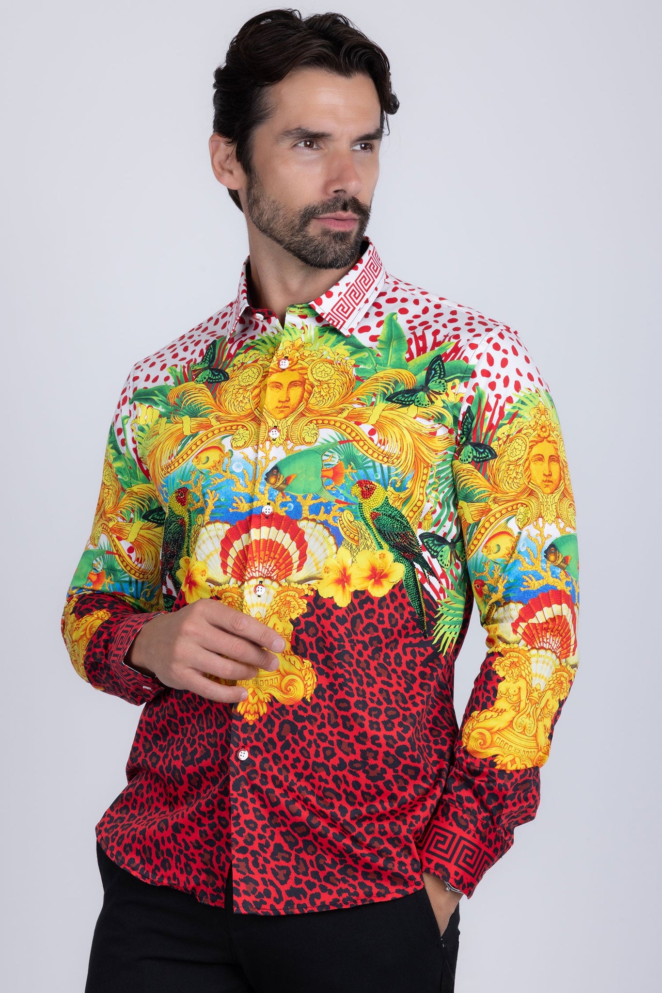 Barabas Wholesale Men's Rhinestone Medusa Cheetah Long Sleeve Shirt SPR230 Red