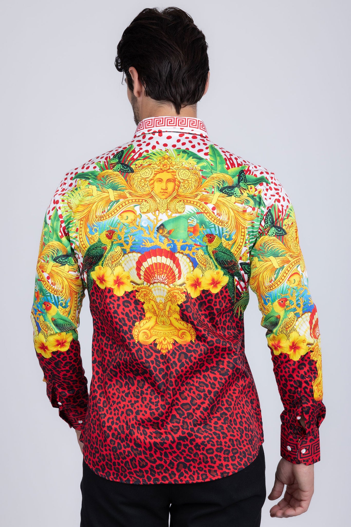 Barabas Wholesale Men's Rhinestone Medusa Cheetah Long Sleeve Shirt SPR230 Green