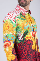 Barabas Wholesale Men's Rhinestone Medusa Cheetah Long Sleeve Shirt SPR230 Red