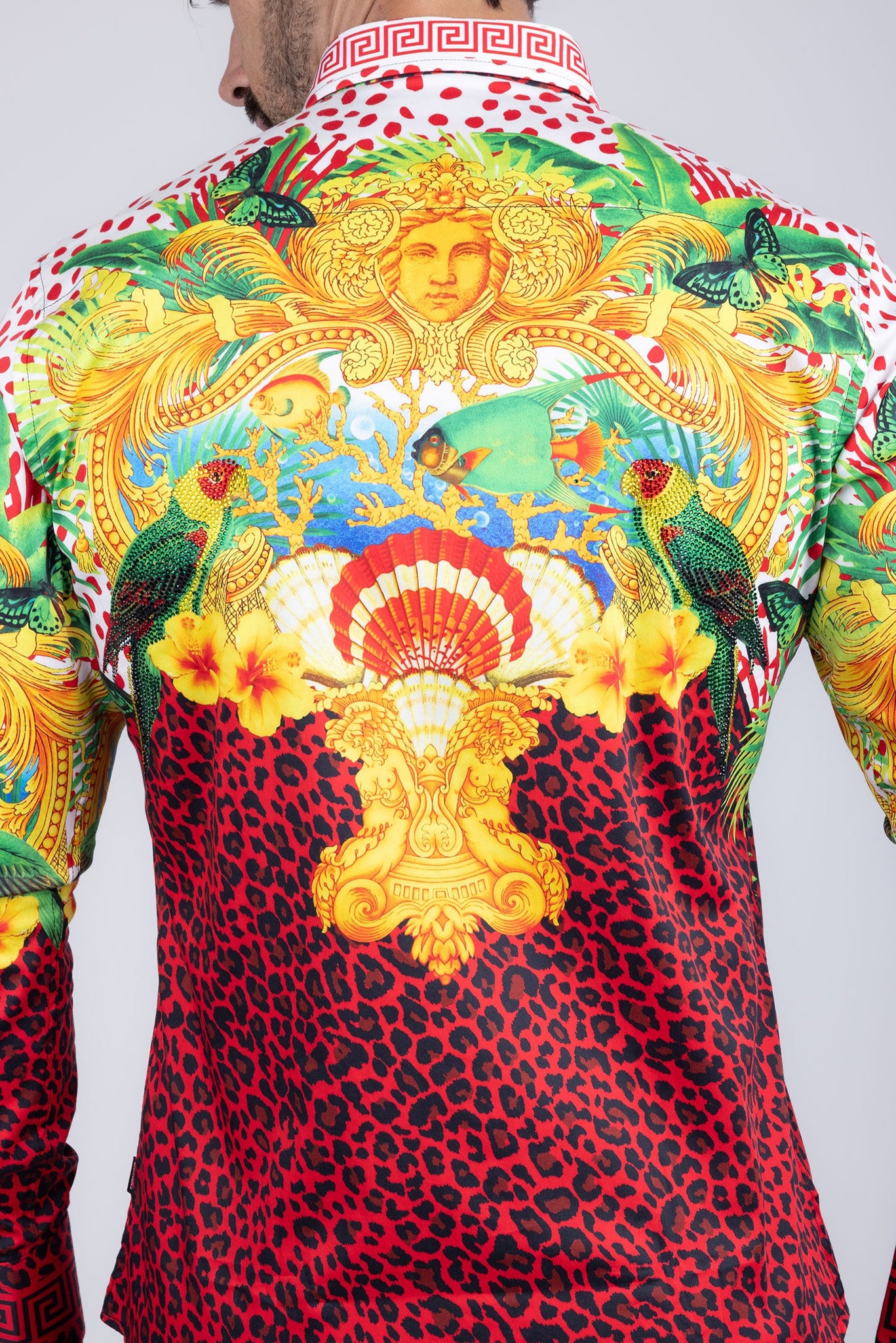 Barabas Wholesale Men's Rhinestone Medusa Cheetah Long Sleeve Shirt SPR230 Yellow